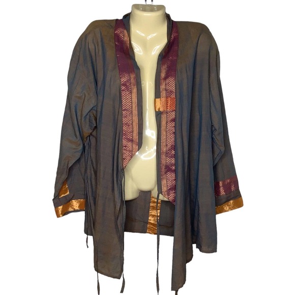 CP Shades Top Small Tan Multi Iridescent Trim Wrap Tunic Duster Lagenlook Boho - Picture 5 of 12